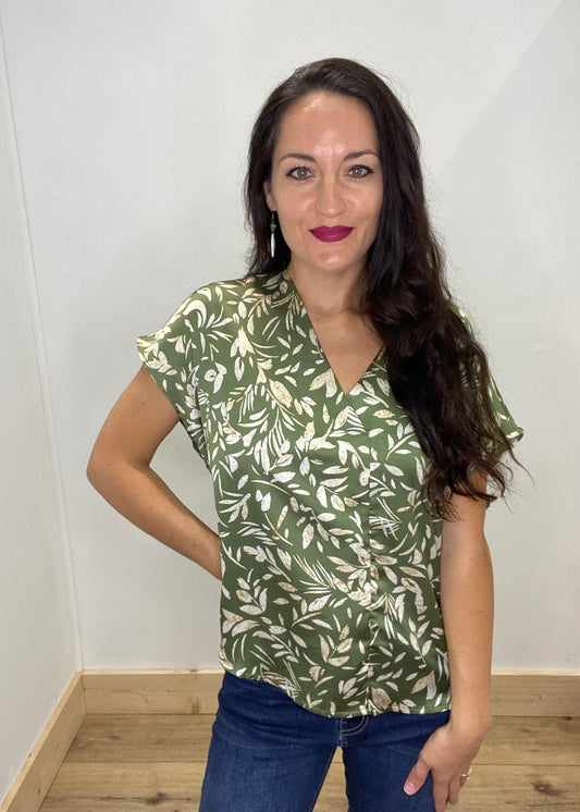 Leaves of Beauty Satin Blouse - Olive