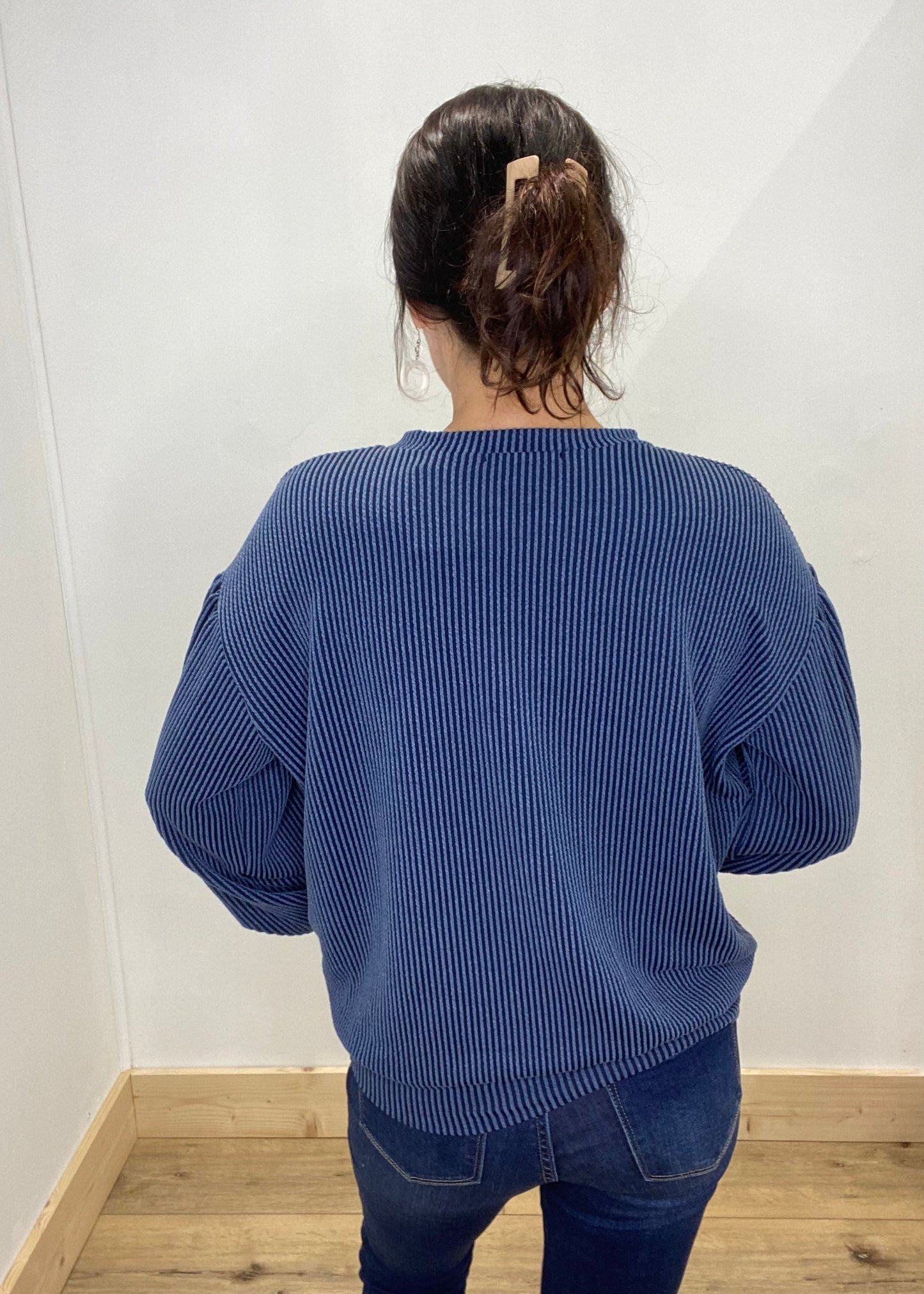 Cord Ribbed Crew Neck Top - Navy