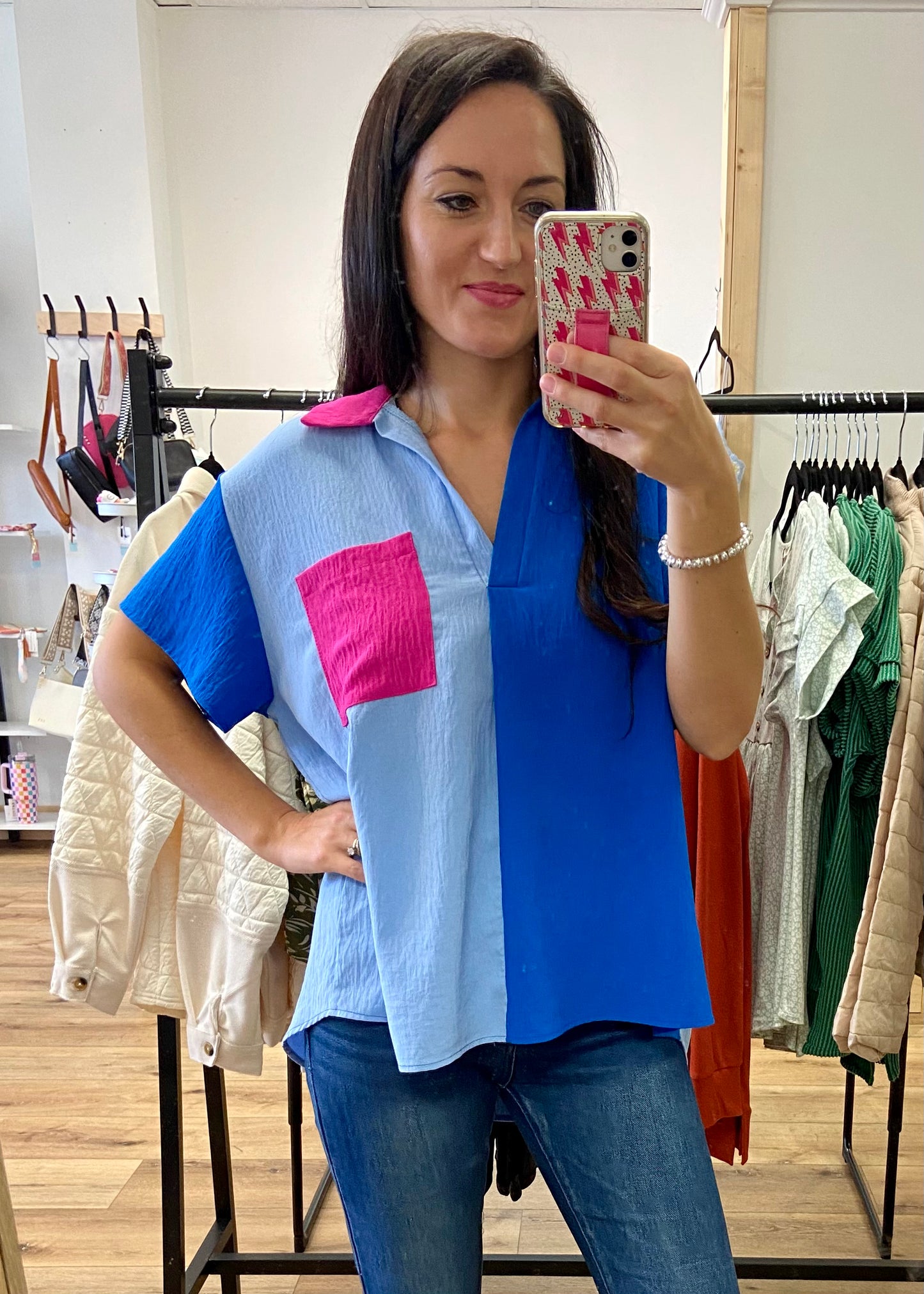 Pink Pocket Colorblock Blouse