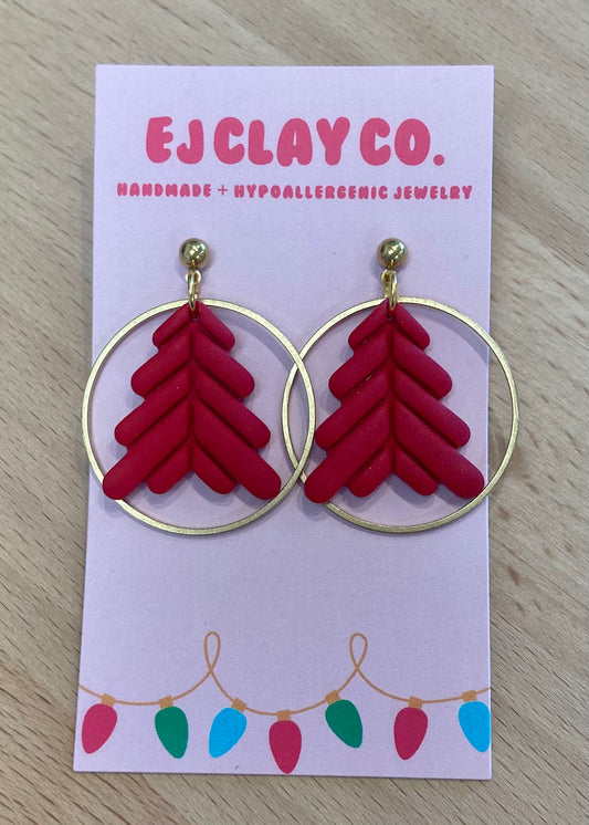 Christmas Tree Hoop Earrings - Red