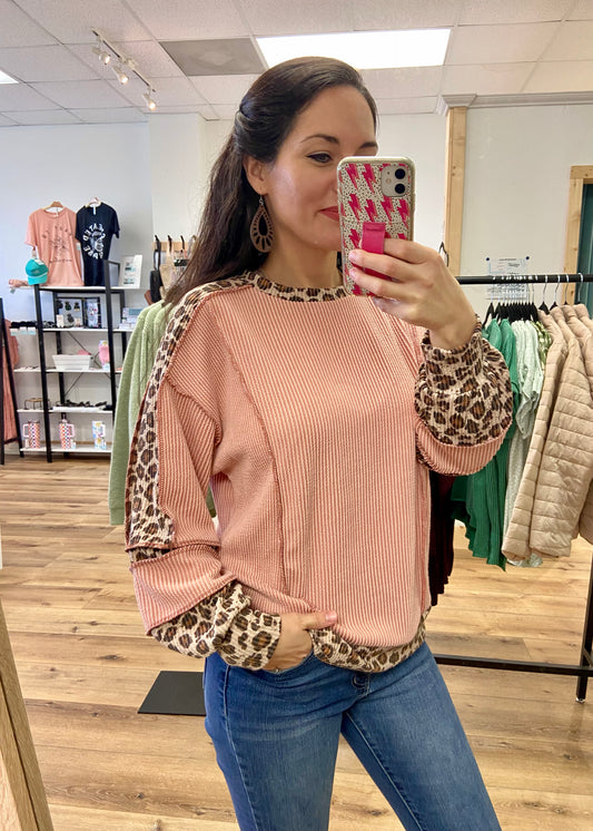 Elevated Leopard Cord Ribbed Top - Rose