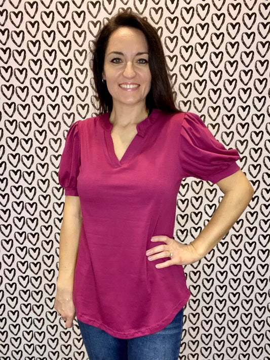 Dark Fuchsia Wine Puff Sleeve Top