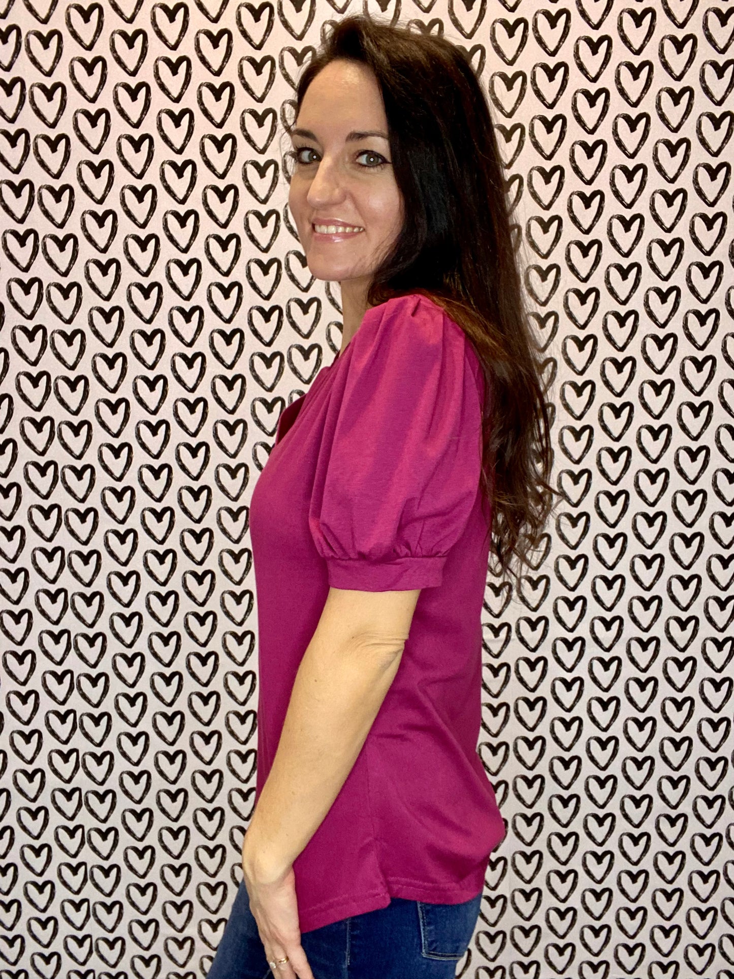 Dark Fuchsia Wine Puff Sleeve Top