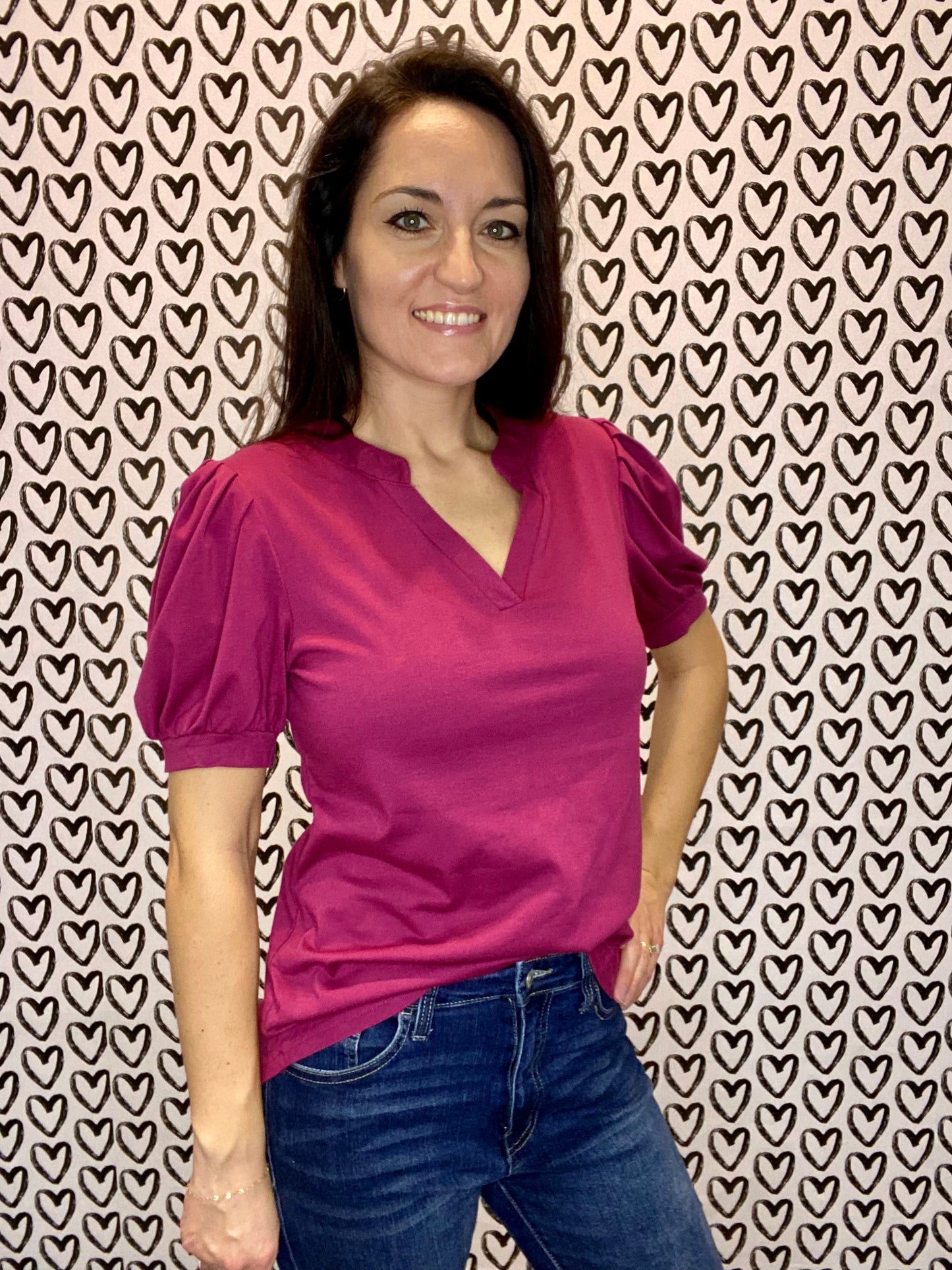 Dark Fuchsia Wine Puff Sleeve Top