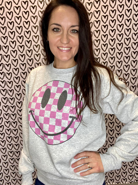 Pink Checkered Smiley Face Sweatshirt