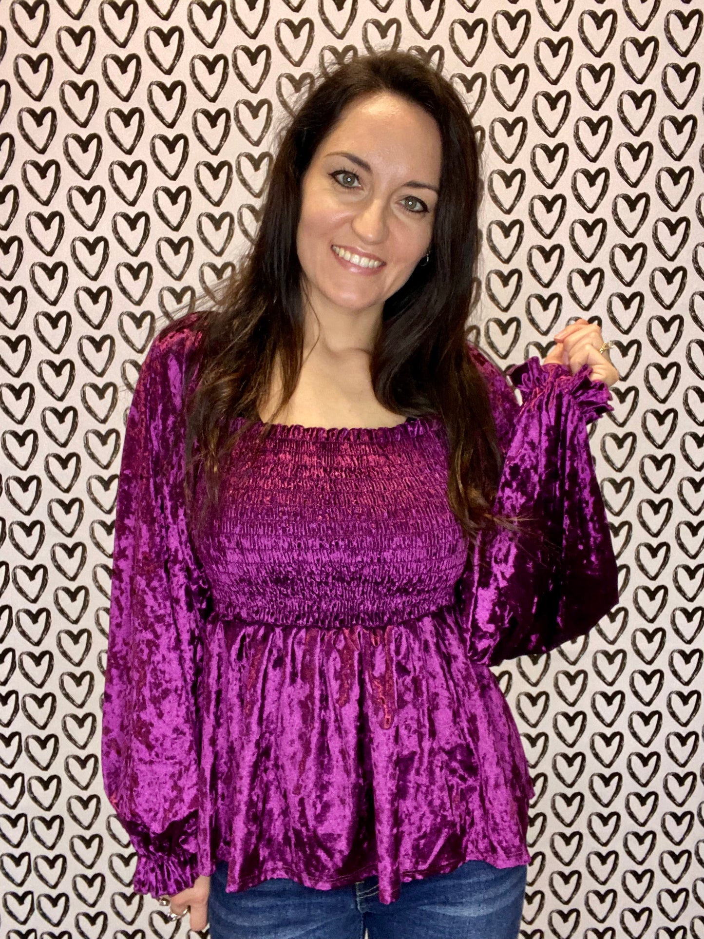 Crushed Velvet Balloon Sleeve Blouse