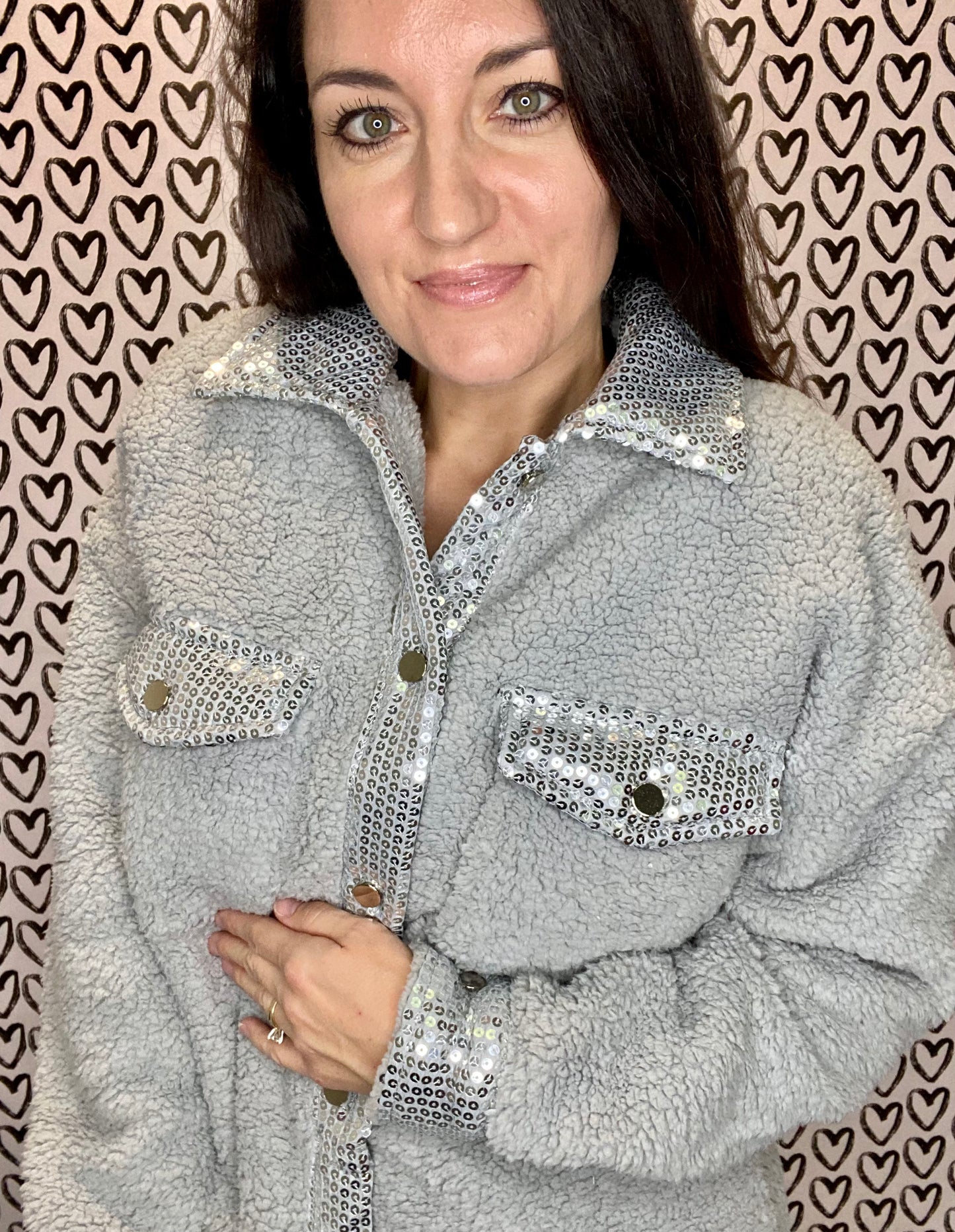 Silver Sequin Trimmed Sherpa Shacket