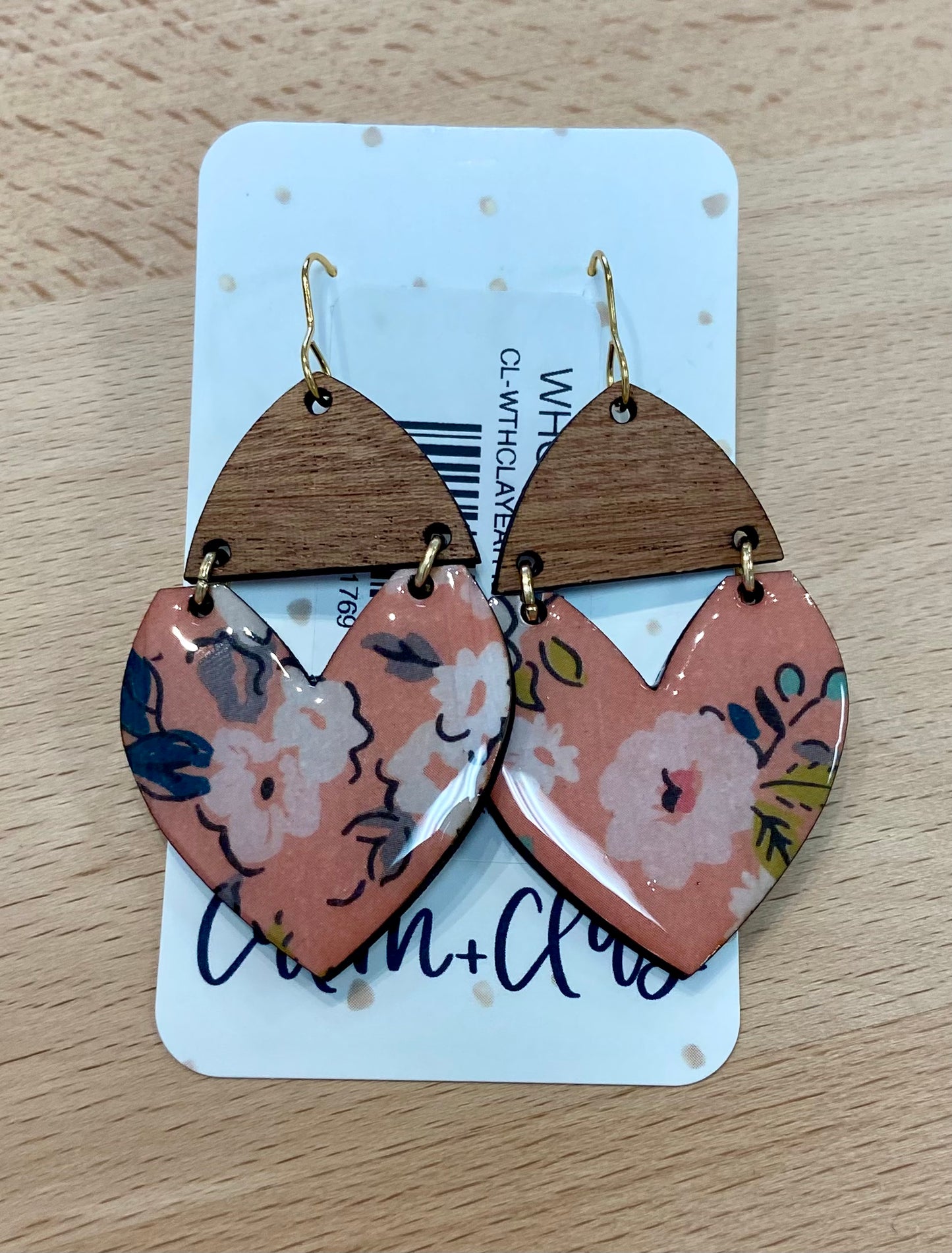 CC Wood Top Heart Earrings