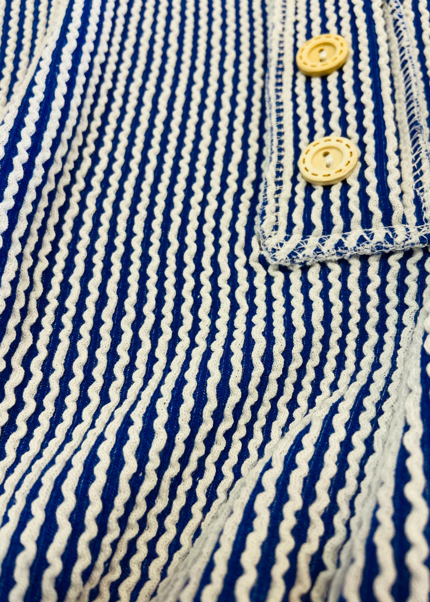 Soft Ribbed Button Neck Top - Blue & White