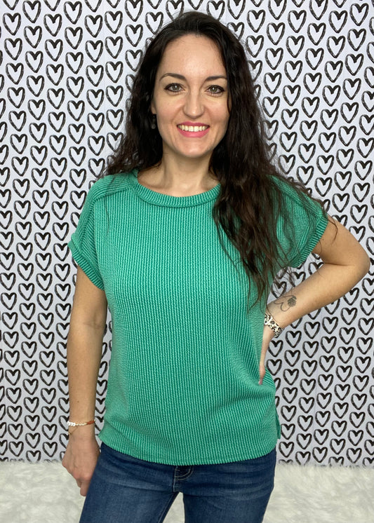 Soft Ribbed Round Neck Top - Green